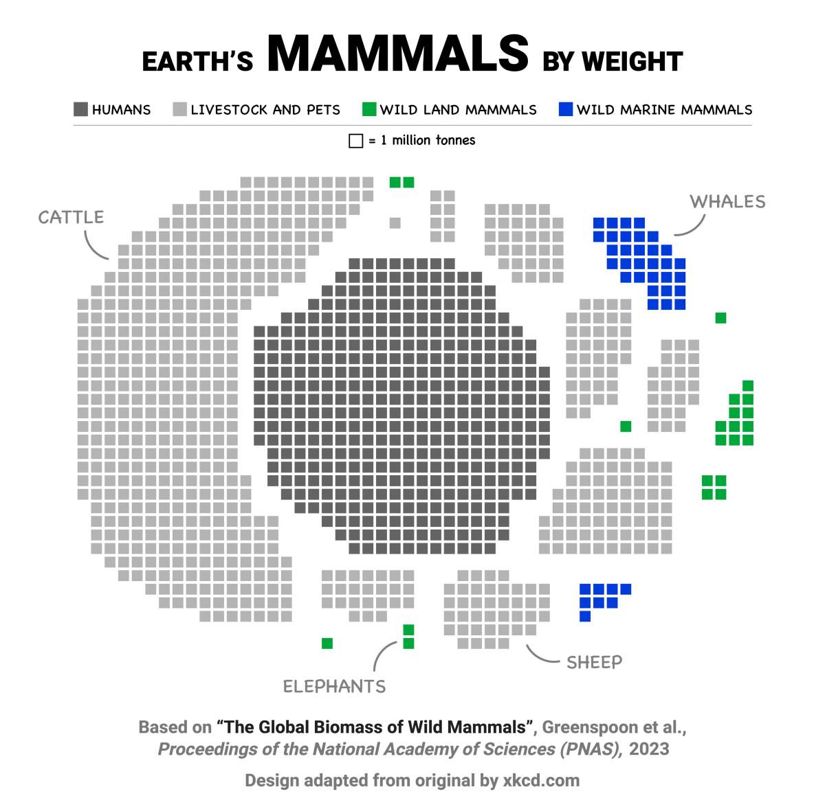 Tout est au carré : Dans ce graphique de la répartition de la biomasse des mammifères, chaque carré représente un million de tonnes.