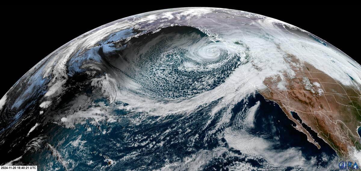 Image satellite d'une tempête hivernale dans l'ouest de l'Amérique du Nord. Source : Cooperative Institute for Research in the Atmosphere (CIRA)