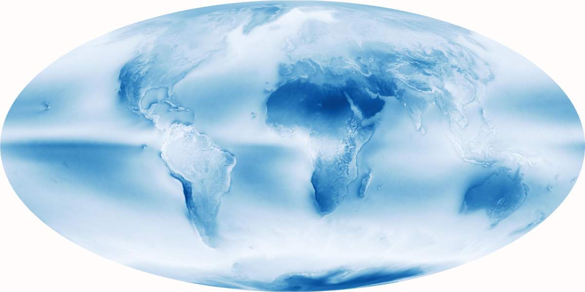 Carte de la nébulosité mondiale, basée sur les données recueillies par le satellite de recherche Aqua sur plus d'une décennie (2002-2015). Les nuages ne sont pas répartis uniformément mais plutôt concentrés dans des points chauds. Photo : NASA