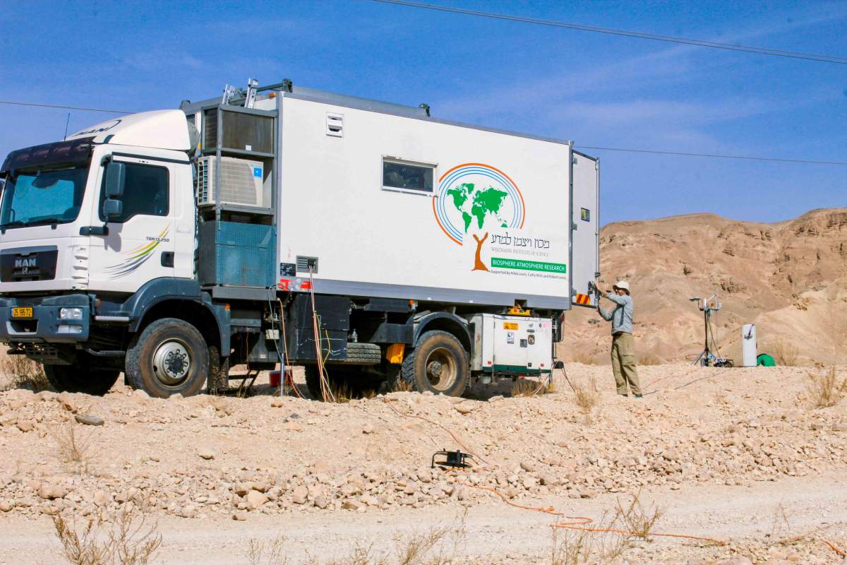 Les chercheurs de Weizmann ont quitté l'Institut Weizmann et se sont rendus dans l'Arava à bord d'un camion transportant une station de mesure mobile, spécialement conçue par le professeur Yakir et le docteur Rotenberg. Yakir et Rotenberg : Jonathan D. Muller
