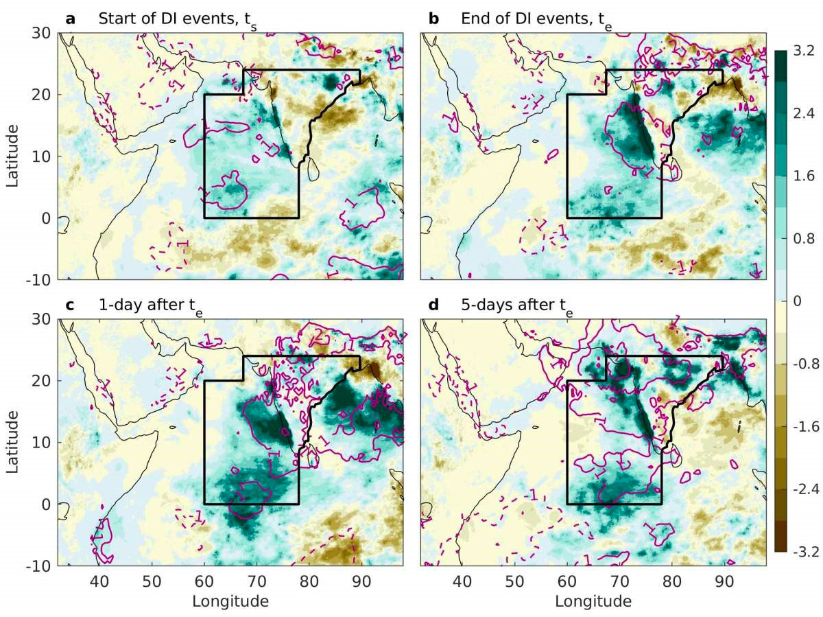 Les images satellites d'une région de l'océan Indien montrent une augmentation inhabituelle des précipitations quotidiennes (en millimètres par jour) dans les jours qui suivent les intrusions sèches. 