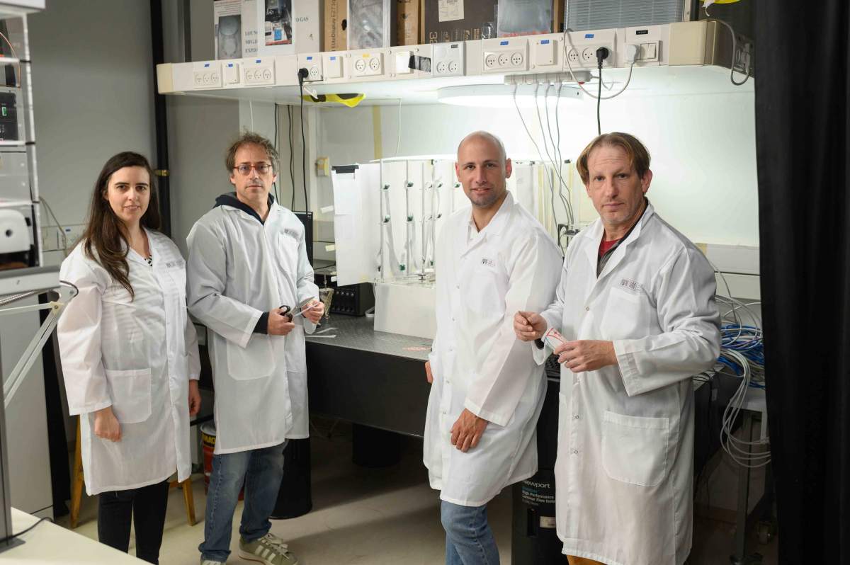 Emménagement dans des sphères en hauteur (de gauche à droite) : Michal Roitman, le professeur Ofer Feinerman, Gadi Trocki et le Dr Ehud Fonio 